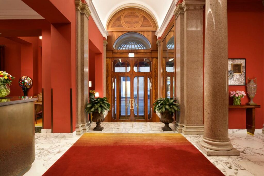 Hotel lobby in red tones.